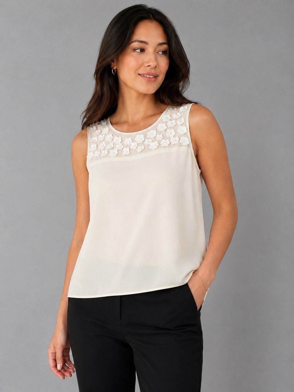Ann Taylor Floral Applique Sleeveless Blouse Medium Ivory Sheer Dressy Tank Top